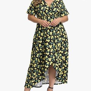 Allegrace Lemon Print Faux-Wrap Dress, 3X